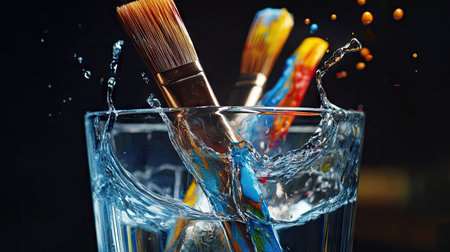 Paint brushes soaked in a water glass, with streaks of paint blending in the waterの素材