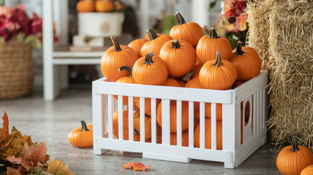 A white crate filled with small bright orange pumpkins, surrounded by hay bales and autumn decorの素材