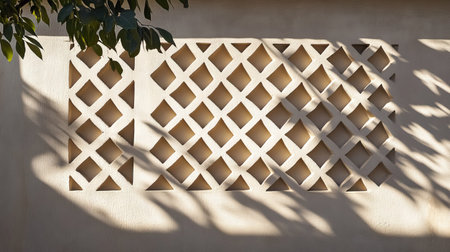 Shadows of lattice patterns projected onto a beige stucco wall under direct sunlight.の素材