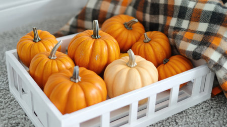 Bright orange pumpkins on a white crate, with a cozy plaid blanket draped over one cornerの素材