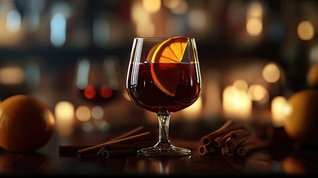 Close-up of a single wine glass filled with mulled wine, garnished with an orange slice and surrounded by cinnamon sticksの素材