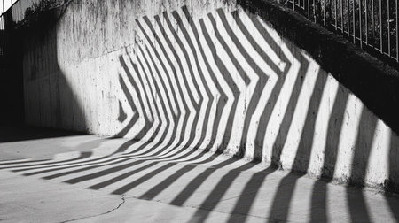 Shadows of railings create striped patterns on a concrete wall at midday.の素材
