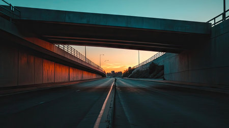 The clean lines of a highway underpass cutting through the foreground, with a soft gradient sunset in the sky.の素材