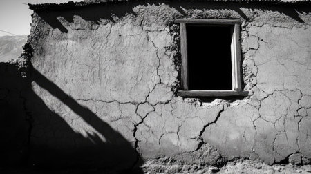 The midday sun casting sharp shadows of window frames on a rustic adobe wall.の素材
