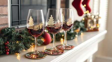 Elegant wine glasses with Christmas-themed coasters, set on a cozy mantel adorned with garlands and stockingsの素材