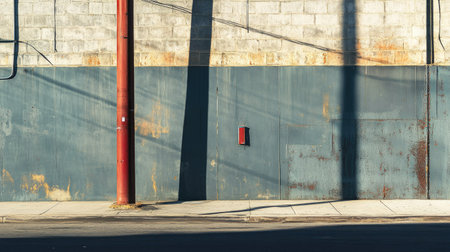 The long shadow of a utility pole slanting across an industrial wall at noon.の素材