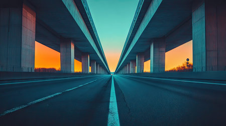 Symmetrical lanes of a highway running under a clean concrete overpass, bathed in the colors of a twilight sunset.の素材