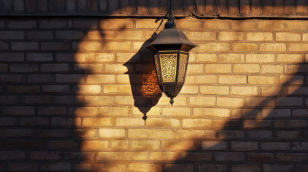 The shadow of a traditional lantern falling crisply on a brick wall under the midday sun.の素材