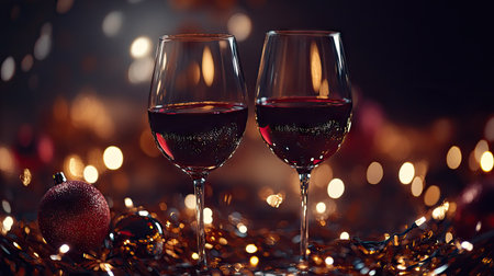 Two wine glasses filled with red wine, surrounded by twinkling Christmas lights and festive ornamentsの素材