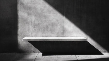 High noon light creating a stark, elongated shadow from a small ledge on a concrete wall.の素材