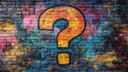 A vibrant question mark symbol painted on a brick wall in a graffiti styleの素材