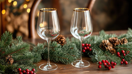 Wine glasses with gold rims on a holiday table, decorated with pine branches and red berriesの素材