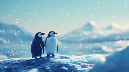 Two penguins perched together on icy terrain, surrounded by a snowy landscape under clear skies.の素材
