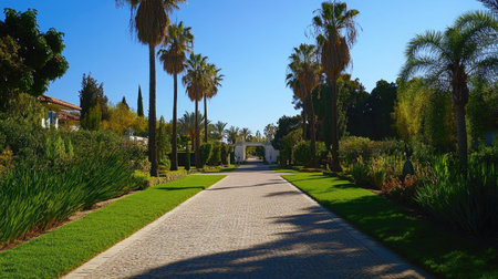 A wide driveway leading to a luxury mansion, bordered by palm trees and manicured gardens.の素材