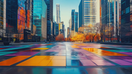 A vibrant cityscape featuring an empty square with directional markings and urban towers rising beyondの素材