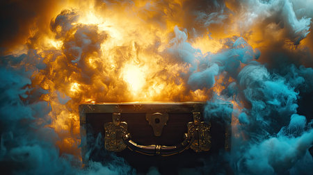 A treasure chest with golden accents releasing glowing smoke in shades of gold and blueの素材