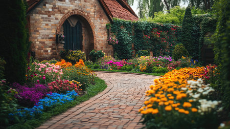 A winding brick walkway outside a rustic building, surrounded by vibrant flowers.の素材