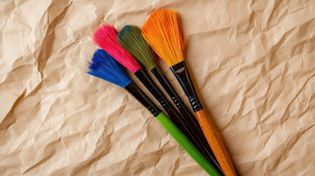 Paint brushes with colorful bristles resting on a piece of crumpled kraft paperの素材