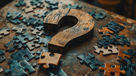 A wooden question mark cutout placed on a table, surrounded by scattered puzzle piecesの素材