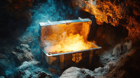 A treasure chest in a cave, glowing smoke curling into the air as it creaks openの素材