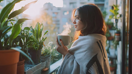 A woman wrapped in a blanket on a balcony, holding a steaming cup and enjoying the morning aroma of coffeeの素材