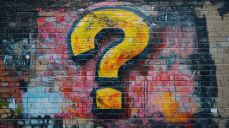 A vibrant question mark symbol painted on a brick wall in a graffiti styleの素材