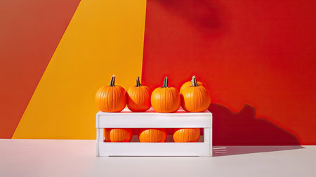 Bright orange pumpkins placed symmetrically on a white crate, with a bold orange and red backdropの素材