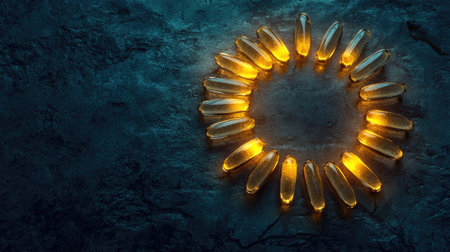 Omega- capsules arranged in a circular pattern on a dark, textured surface, glowing under soft lightの素材