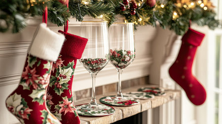 Elegant wine glasses with Christmas-themed coasters, set on a cozy mantel adorned with garlands and stockingsの素材
