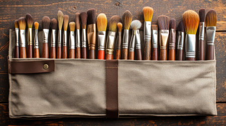 Paint brushes arranged neatly in a canvas roll-up case, ready for travelの素材