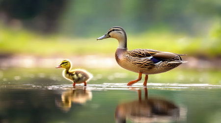Adult duck leading a small duckling by the edge of a lake, their reflections visible in the calm water on a sunny day.の素材