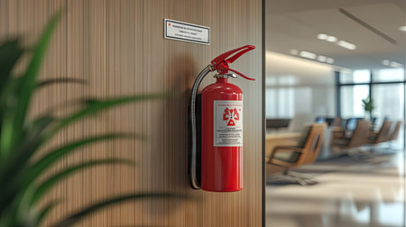 Bright red fire extinguisher on a neutral wall in a modern office, signage visible above it for safety.の素材