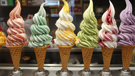 A vibrant display of multiple ice cream cones in different flavors vanilla, strawberry, and mint. Fresh milk-based, colorful and tempting.の素材