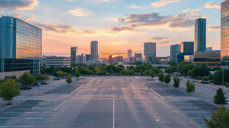 Aerial view of an empty parking lot with an urban skyline beyond, modern buildings reflecting the sunset light.の素材