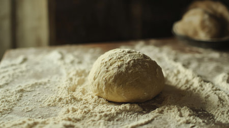 Ball of raw wheat dough on a floured table, close-up on the texture of dough and flour spread around.の素材