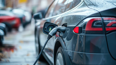 A modern electric car plugged into a charging station in a corporate office parking area. High-tech, minimal background.の素材