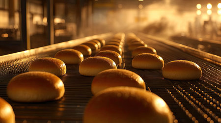 Bread rolls cooling on a conveyor belt in a modern factory setting, uniform rows moving efficiently along.の素材