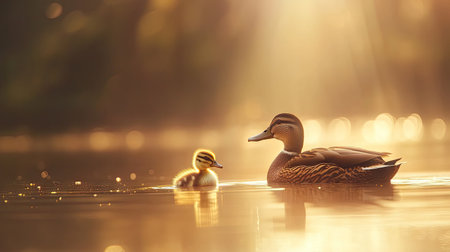 A small duckling and adult duck swimming together in a lake, soft sunlight creating a serene scene.の素材