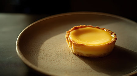 Close-up of an egg custard tart with a golden crust and creamy top, on a delicate ceramic plate with soft lighting.の素材