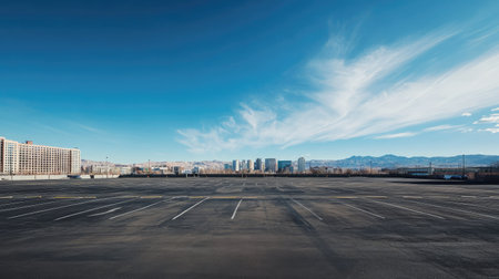 Bright and open parking lot with a sprawling cityscape in the background, blue sky and few wispy clouds.の素材
