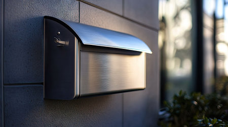 Close-up of a mailbox with a brushed metal finish and sleek curves, mounted in a contemporary urban space.の素材