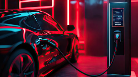 Charging station with digital display showing charging progress, connected to a sleek electric car. Minimalist and modern look.の素材