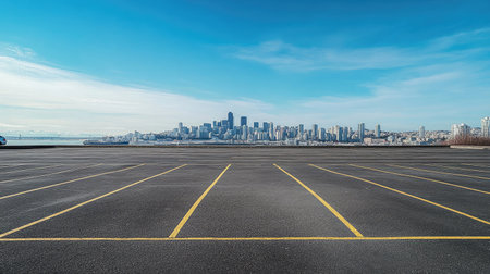 Clean, marked parking lot with a panoramic city skyline in the background, bright and open space under clear skies.の素材