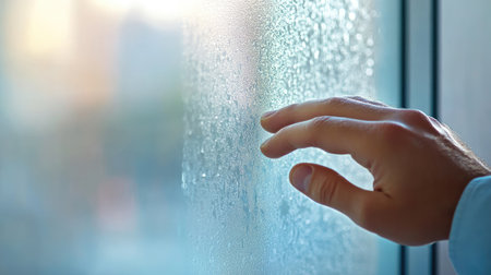 Close-up of a young man's hand softly knocking on a frosted glass door, soft light coming from behind.の素材
