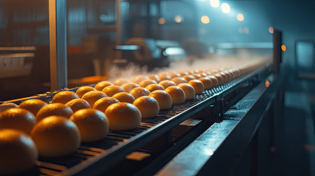 Bread rolls traveling on a conveyor belt in an industrial bakery, shining under clean, bright lighting.の素材