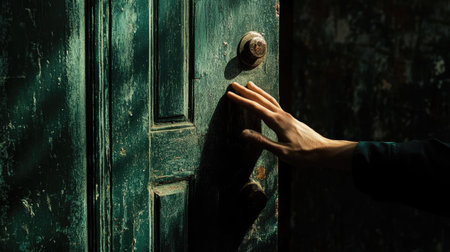 Close-up of a young man's fingers about to knock on a door painted in dark green, slight shadow casting.の素材