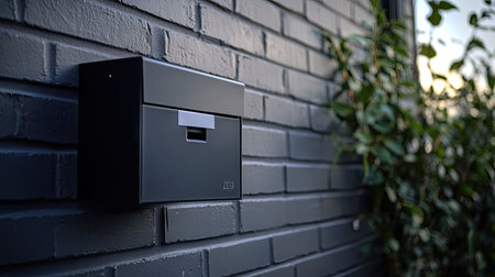 Close-up of a black steel mailbox with a minimalist label and slot, affixed to a gray brick wall.の素材