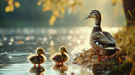 Close-up of a mother duck and her duckling standing near a riverbank, water sparkling in the sunlight.の素材