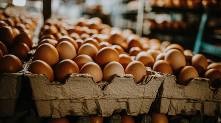 Close-up of brown eggs nestled in a carton, part of a larger wholesale order stacked in rows.の素材