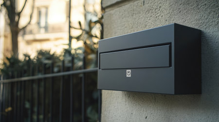 Close-up of a matte black mailbox with an elegant label slot, mounted on a concrete wall in an urban area.の素材